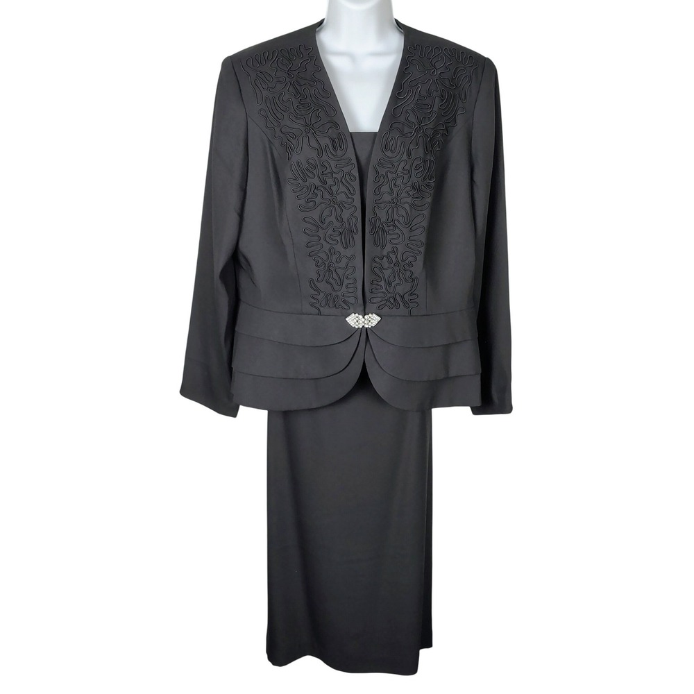 Justin Taylor Black Soutache Embroidered Skirt Suit Set Rhinestone Brooch 16
